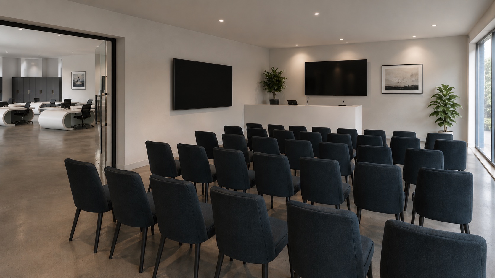 Auction room with tiered rows of seating, twin screens and rostrum
